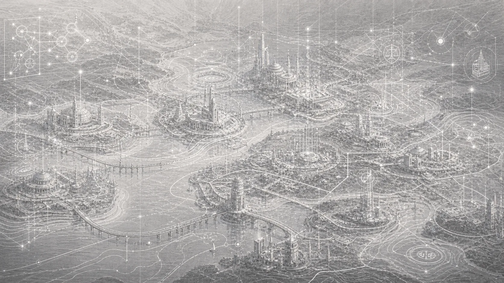 Pencil-sketch illustration of a topographic map overlaid on a city — the institutional landscape of legal vehicles, token instruments, and platforms.