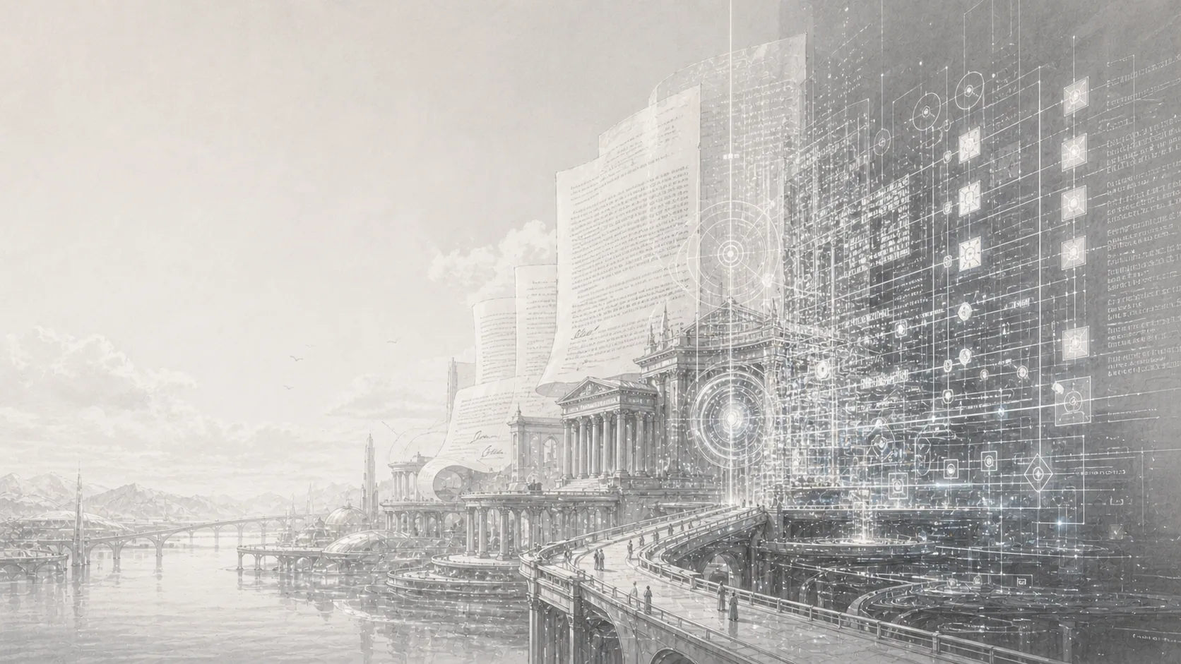 Pencil-sketch illustration of an institutional structure being compiled into machine-readable form.
