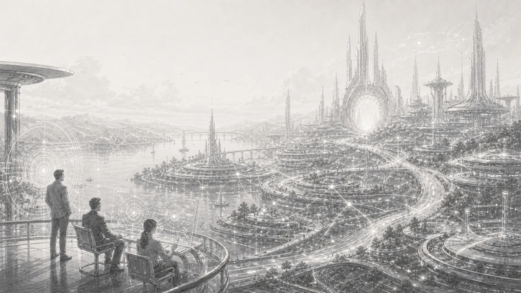 Pencil-sketch illustration of a futuristic city stretching across a harbor, with two figures walking toward a luminous ringed portal — the multi-position landscape of the autonomous company shell.