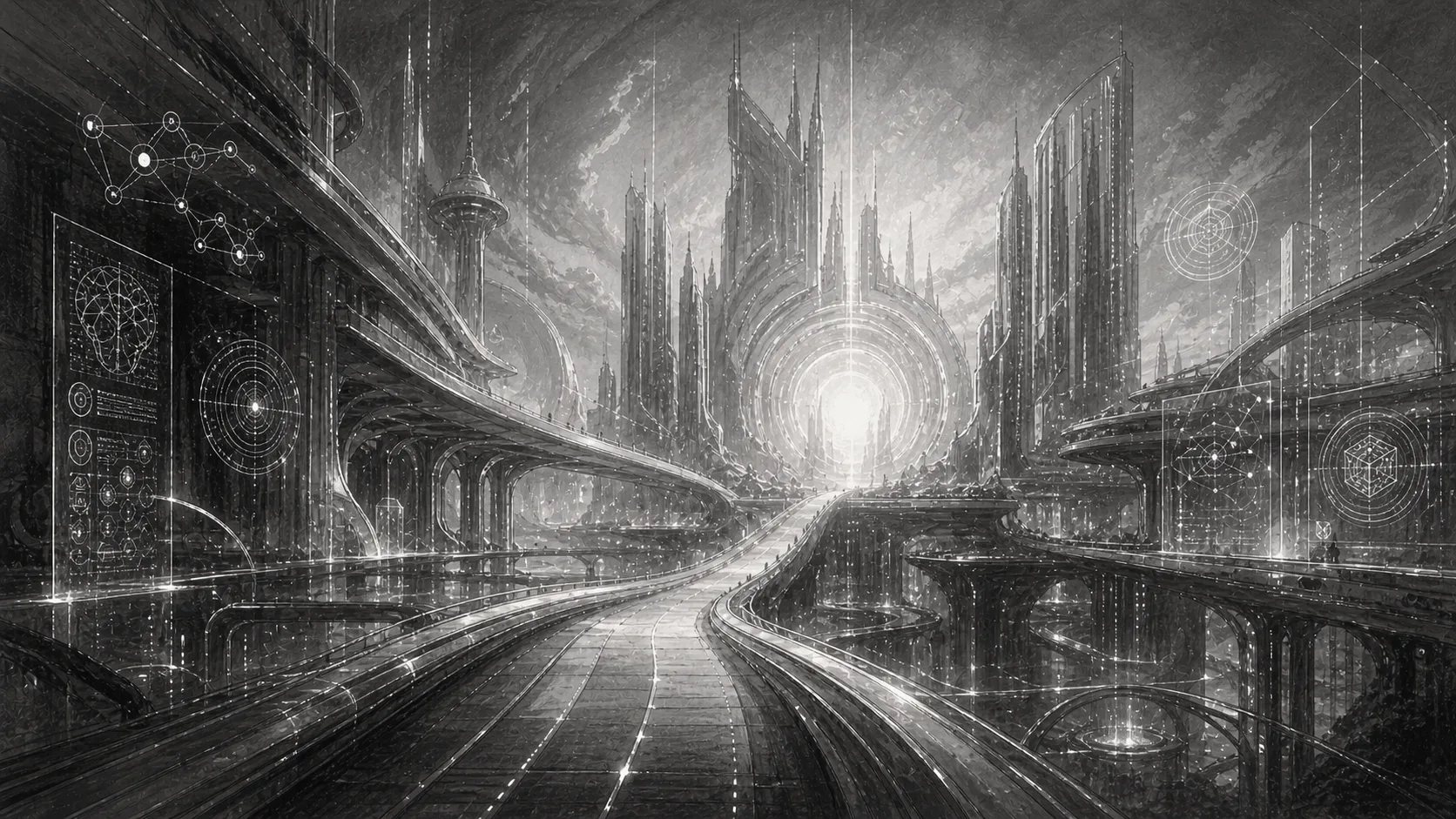 Charcoal illustration of a road leading toward a dramatic futuristic city with a glowing ringed portal at its centre.